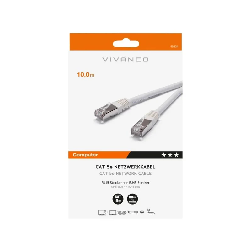 VIVANCO Hochwertiges CAT5e Netzwerkkabel, Voll Geschirmt, RJ45 Stecker, Twisted Pair, 10m