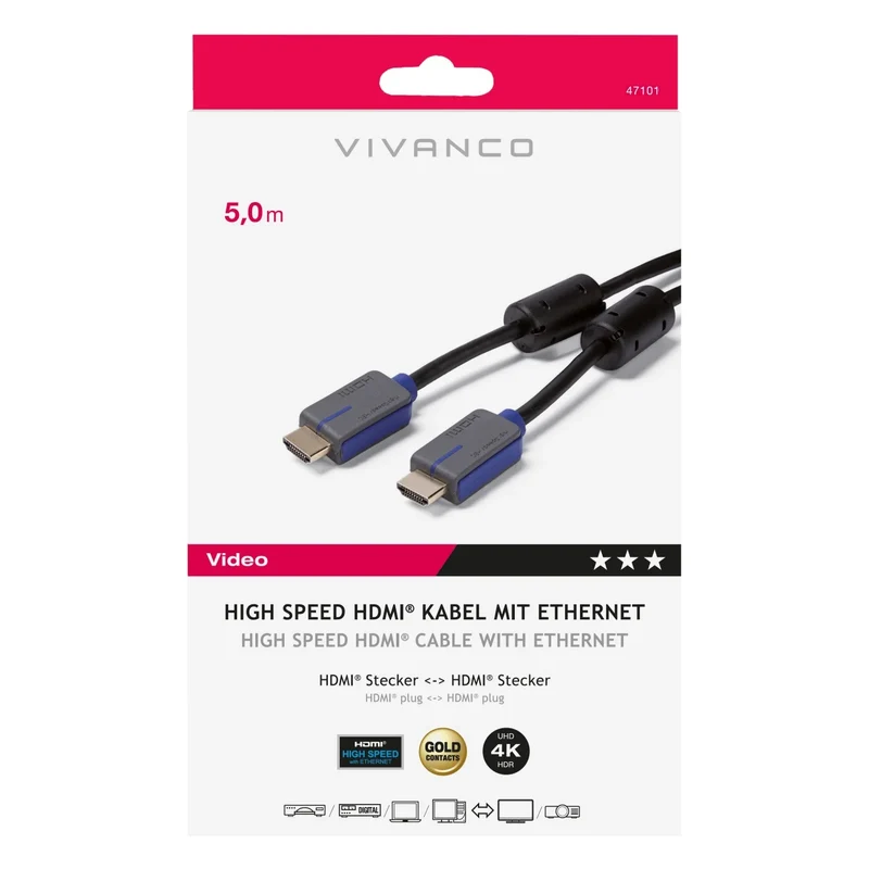 VIVANCO High Speed HDMI Kabel, Absorber mit Ethernet, 4K Auflösung, 3D Unterstützung, ARC, vergoldete Kontakte, 5m