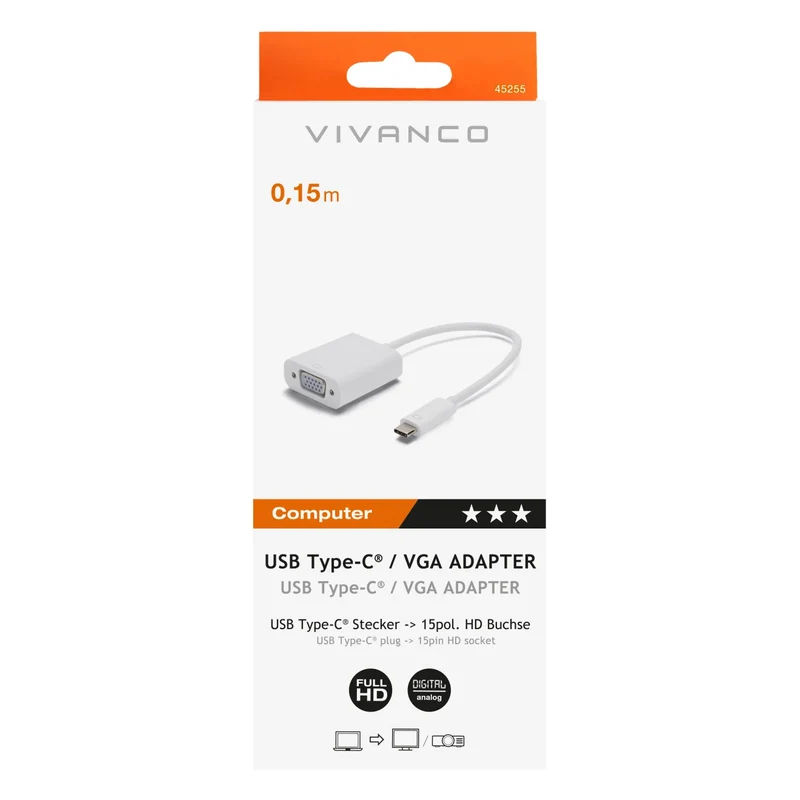 VIVANCO Hochwertiger USB Type-C Hub, auf VGA Adapter, Full HD Unterstützung, 0,15 m, Kompakt und zuverlässig