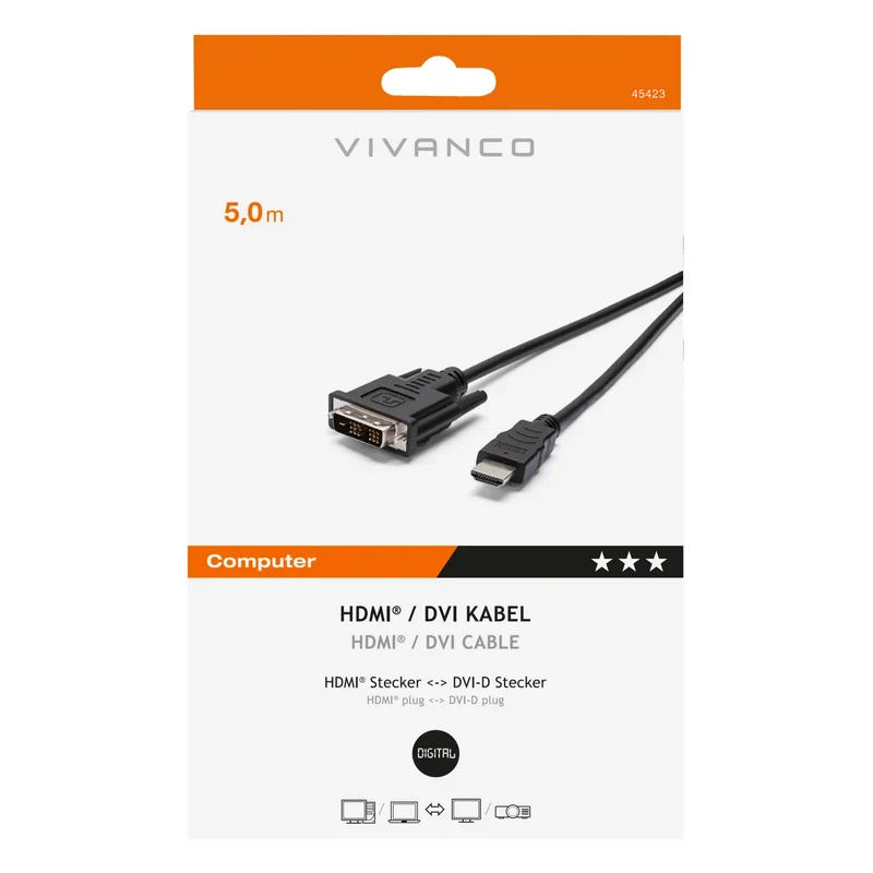 VIVANCO Hochwertiges HDMI auf DVI Kabel, kompatibel mit HDTV, doppelt geschirmt, 5 Gbit Datenrate, 5 m
