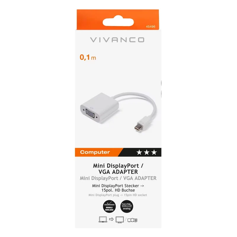 VIVANCO Hochwertiger Mini DisplayPort Hub, Mini DisplayPort auf VGA Adapter, 0,1 m, kompatibel mit MacBook, iMac, Surface und mehr