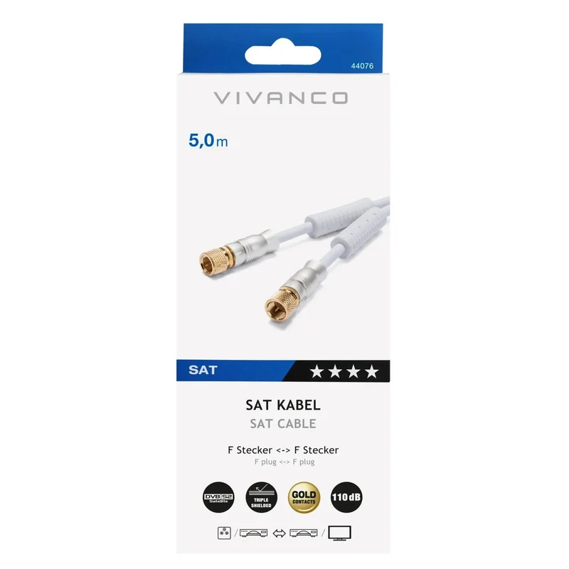 VIVANCO Hochwertiges Receiver Anschlusskabel, 5m, F Stecker, Ferritkern, 110dB, 3-fach geschirmt, 24 Karat vergoldet, für perfekte Signalübertragung