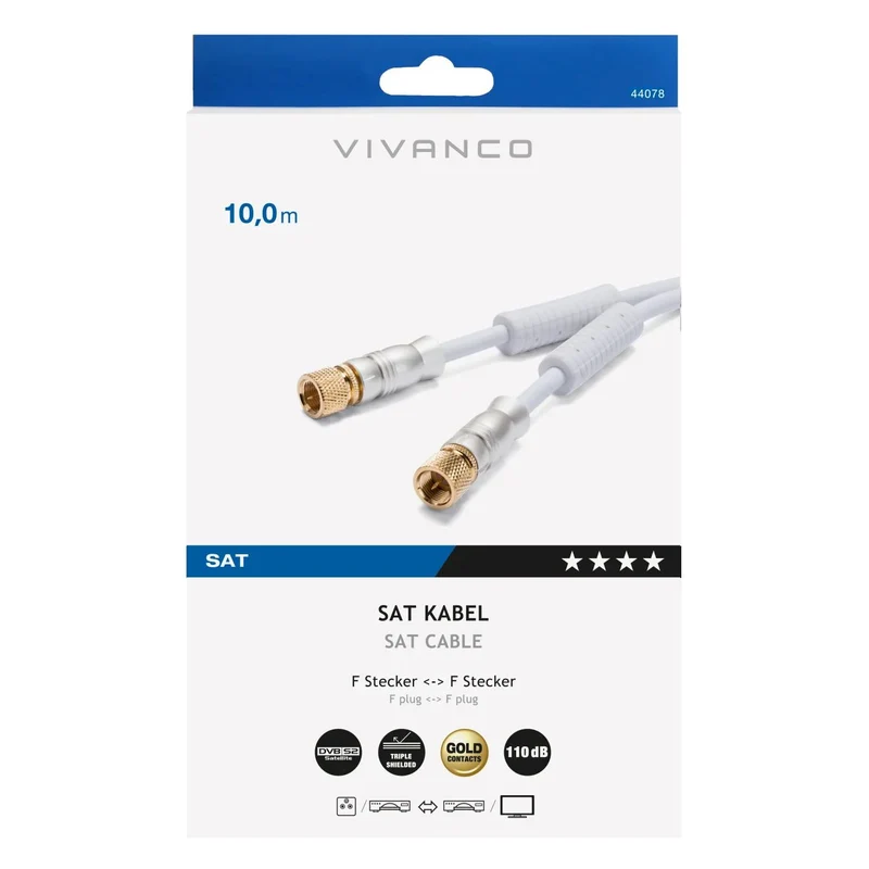 Hochwertiges VIVANCO Receiver Anschlusskabel, F Stecker zu F Stecker, 10 m, 110 dB, 3-fach geschirmt, Ferritkern, vergoldete Kontakte