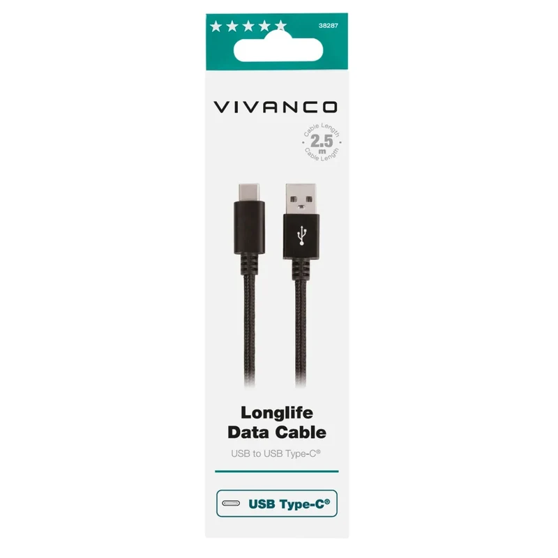 VIVANCO Hochwertiges USB Typ-C Kabel, 2,5 m, LongLife, reißfeste Nylonummantelung, Schnellladen, Datensynchronisierung, Schwarz