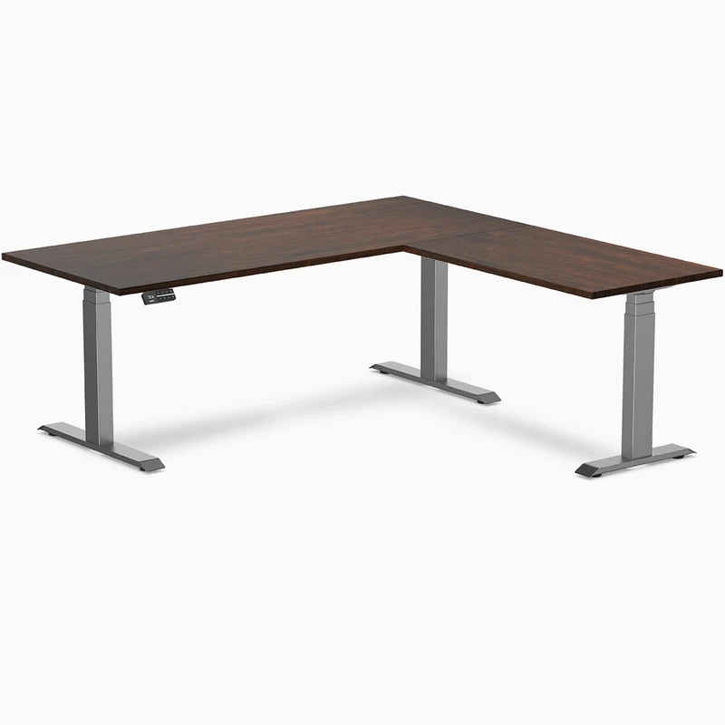 Desky Rubberwood L-Shape Sit Stand Desk 150 x 155 cm Red Walnut Top and Wheat Leg