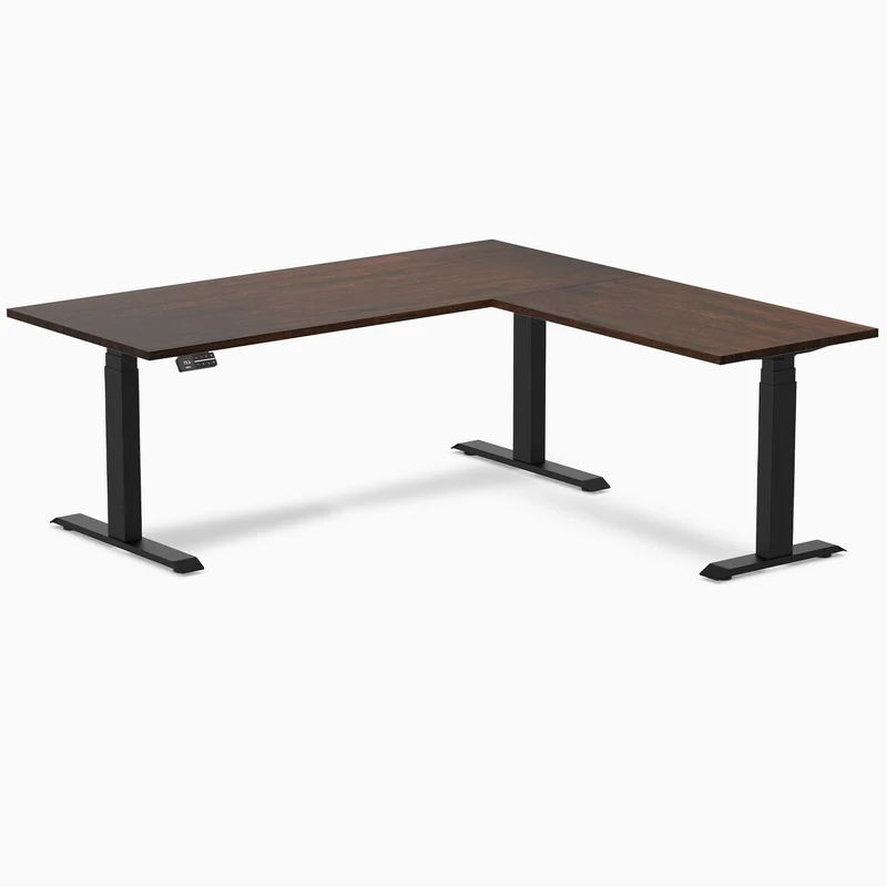 Desky Rubberwood L-Shape Sit Stand Desk 150 x 155 cm Red Walnut Top and Wheat Leg