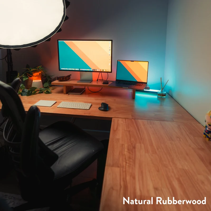 Desky Rubberwood L-Shape Sit Stand Desk 150 x 155 cm Dark Walnut Top and Wheat Leg