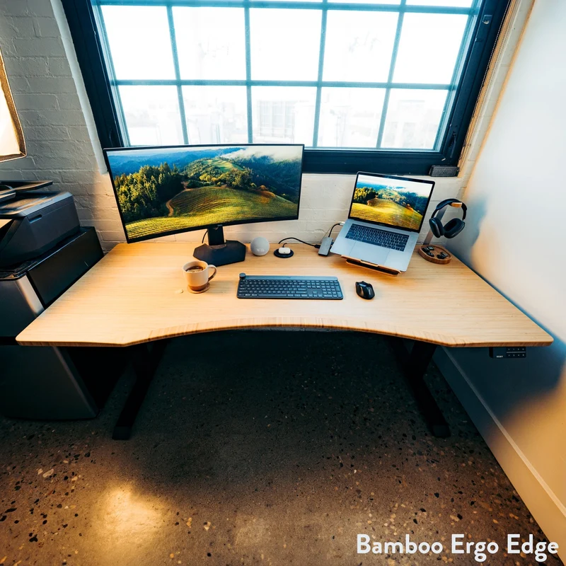 Desky Dual Ergo Edge Sit Stand Desk 180cm Bamboo Desktop and Wheat Frame