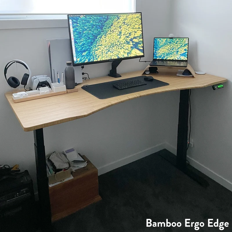 Desky Dual Ergo Edge Sit Stand Desk 180cm Bamboo Desktop and Wheat Frame