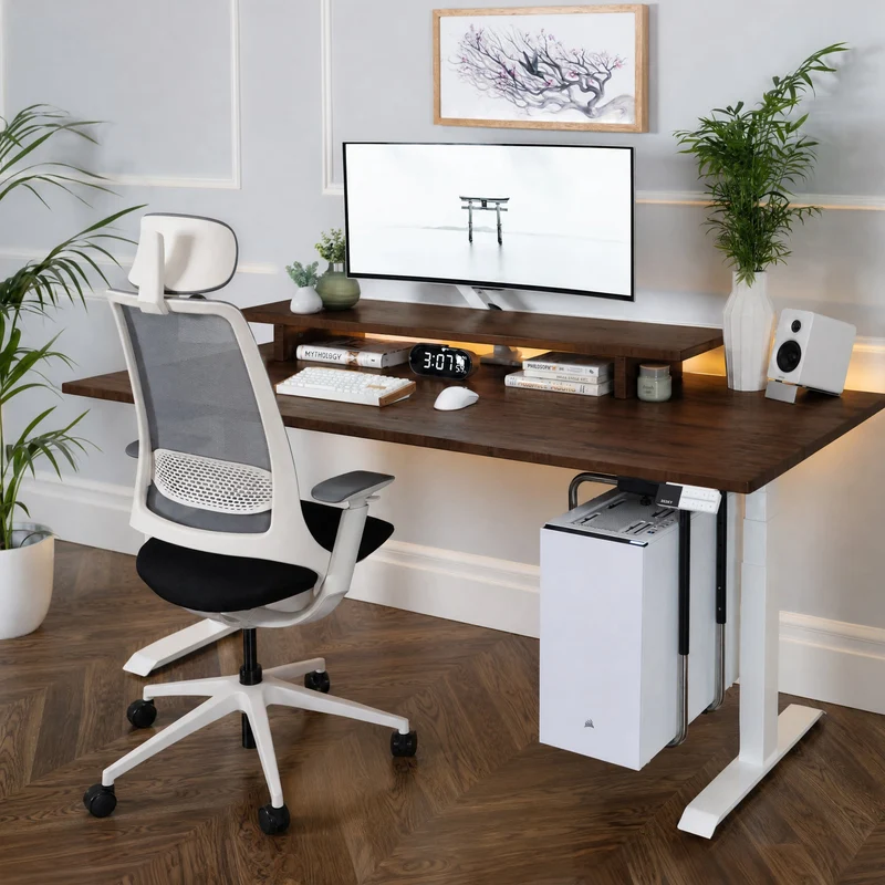 Desky Dual Softwood Sit Stand Desk 120cm American Rustic Pine Desktop and Wheat Frame