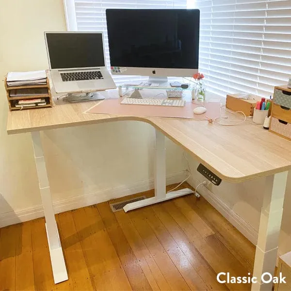 Desky L-Shape Melamine Sit Stand Desk 200cm - Right Return White Top and Wheat Leg