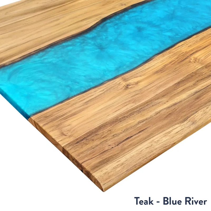 Desky Dual Resin Hardwood Sit Stand Desk 120cm Teak Blue River Desktop and Wheat Frame