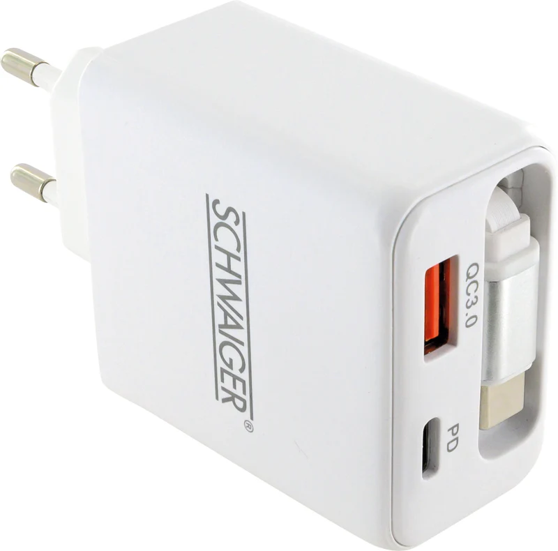 Ladeadapter 30W USB A+C mit ausziehbarem Kabel