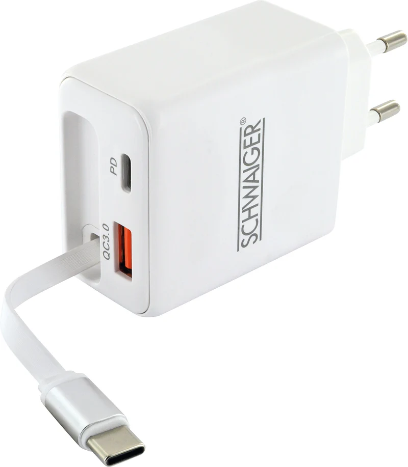 Ladeadapter 30W USB A+C mit ausziehbarem Kabel