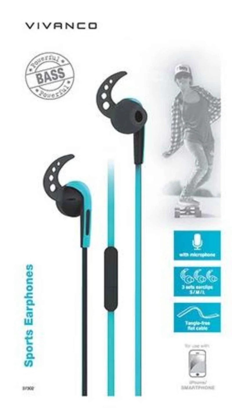 VIVANCO Hochwertige Sport In Ear Kopfhörer SPX40, kompatibel mit 3,5 mm Klinke, Stereo BASS, Mikrofon, 90° Stecker, Blau
