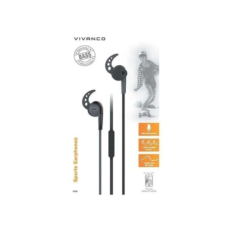 VIVANCO Hochwertige Sport In Ear Kopfhörer SPX40, kompatibel mit 3,5 mm Klinke, Stereo BASS, Mikrofon, 90° Stecker, schwarz