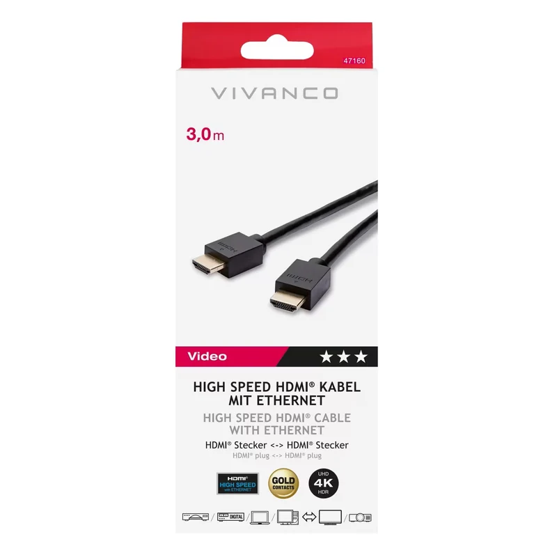 VIVANCO Hochwertiges High Speed HDMI Kabel, kompatibel mit 4K / 3D, mit Ethernet, ARC, vergoldete Kontakte, 3 m Länge