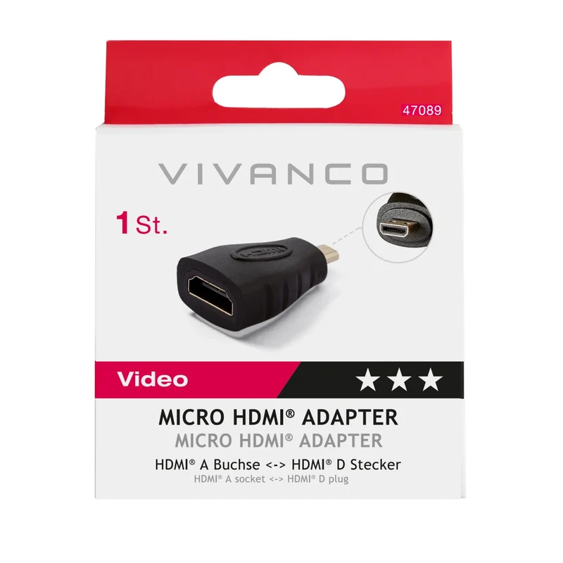 VIVANCO ultimative Micro HDMI auf HDMI Adapter, kompatibel mit HDMI A Buchse und HDMI Micro D vergoldete Kontakte störungsfreie Übertragung
