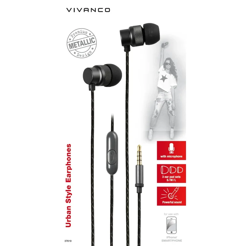 Stilvolle VIVANCO In-Ear Kopfhörer, Schwarz, mit Mikrofon, Urban Metallic Design, 3,5 mm Klinke, 1,25 m Kabel