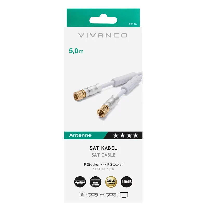 VIVANCO Receiver Anschlusskabel 5m – Hochwertiges Kabel für F-Stecker Geräte, 110 dB, OFC, Ferritkern, 24K vergoldet
