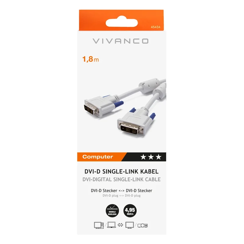 VIVANCO Hochwertiges DVI-D Single Link Kabel 1,8m, kompatibel mit DVI-D Geräten, 4,95 Gbit, vollgeschirmt, schwarz
