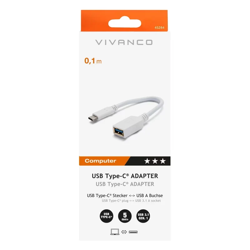 VIVANCO Hochwertiger USB Type C Adapter, USB C Stecker auf USB 3.0 A Buchse, Hohe Übertragungsrate, 0,1m