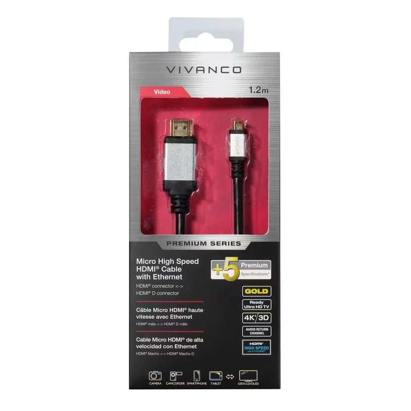 VIVANCO Premium Micro HDMI Kabel, mit Ethernet, 4K, 3D, HDR, vergoldete Kontakte, extra dünn, mehrfach geschirmt, 1,2m