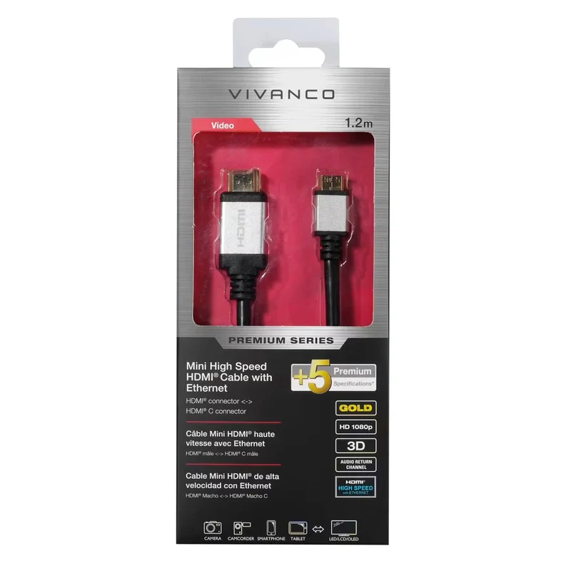 VIVANCO Hochwertiges Mini HDMI Kabel mit Ethernet, kompatibel mit HDR 3D TV Kamera Monitor Konsole, 1,2m, vergoldet, grau