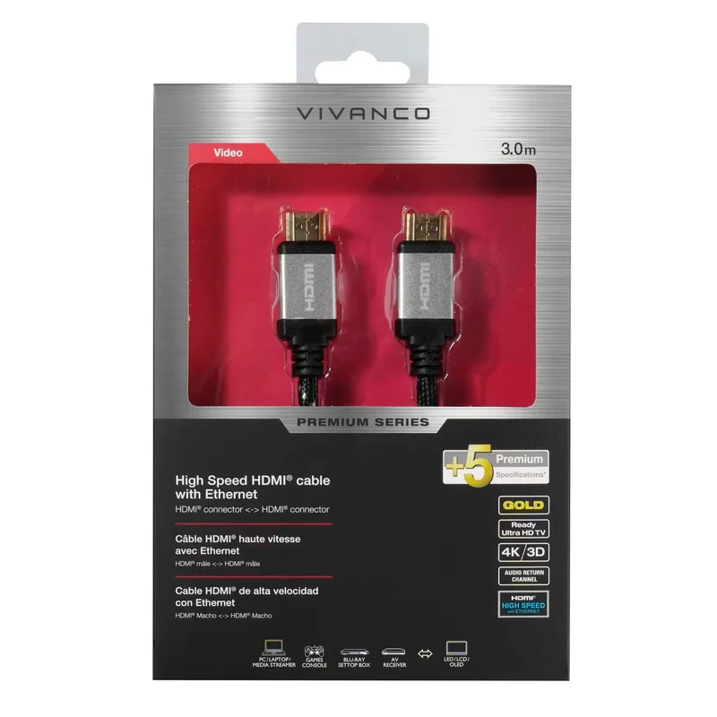 VIVANCO Premium HDMI Kabel, mit Ethernet, 4K, 3D, HDR, vergoldete Kontakte, mehrfach geschirmt, UHD geeignet, 3m