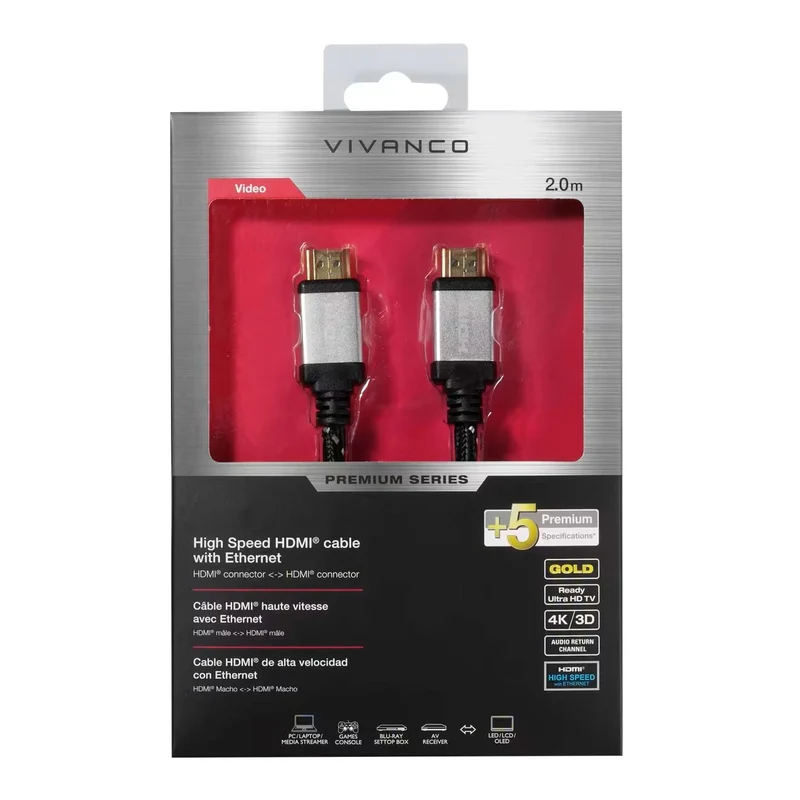 VIVANCO Hochwertiges HDMI Kabel mit Ethernet, 4K UHD HDR kompatibel mit TV Monitor Beamer Konsole, Textil, vergoldet, 2m