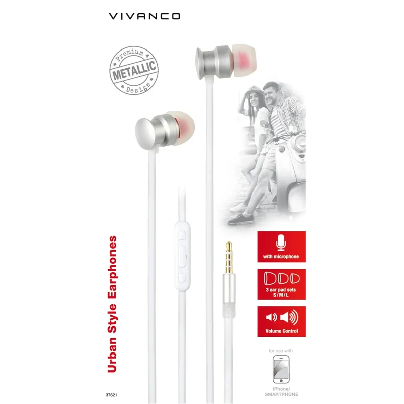 Exklusive VIVANCO In-Ear Kopfhörer, Weiß, edles Metallgehäuse, Mikrofon und Steuerung, 3,5 mm Klinke, 1,25 m Kabel