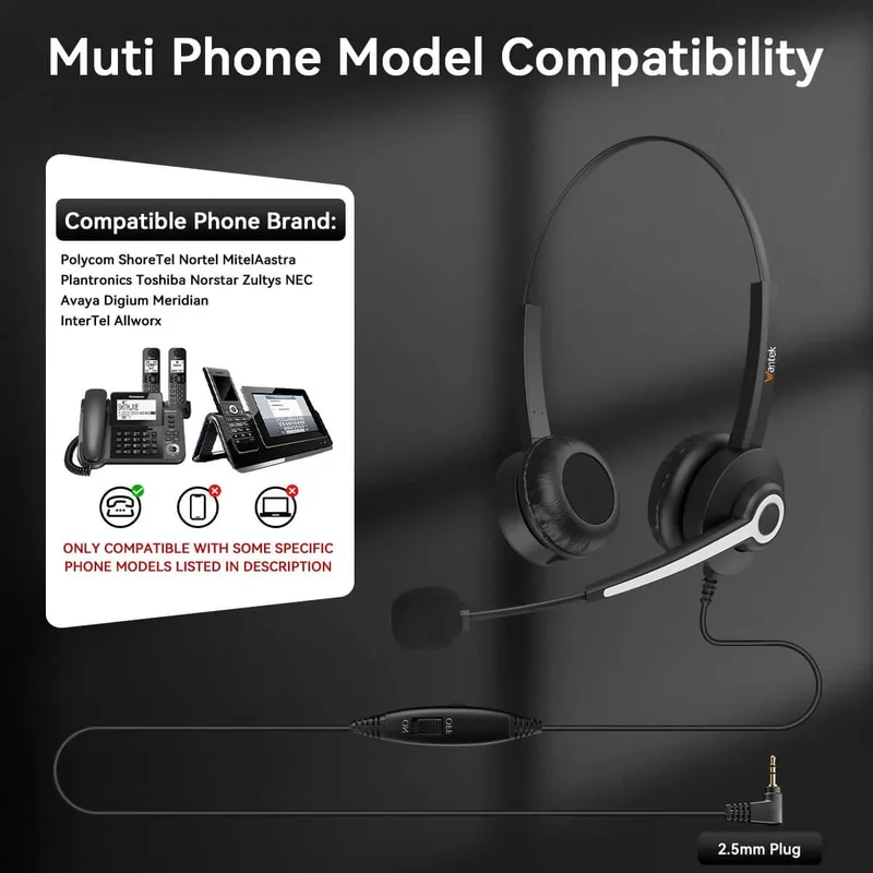 Wantek® h682 Dual-Ear 2.5mm Phone Headset