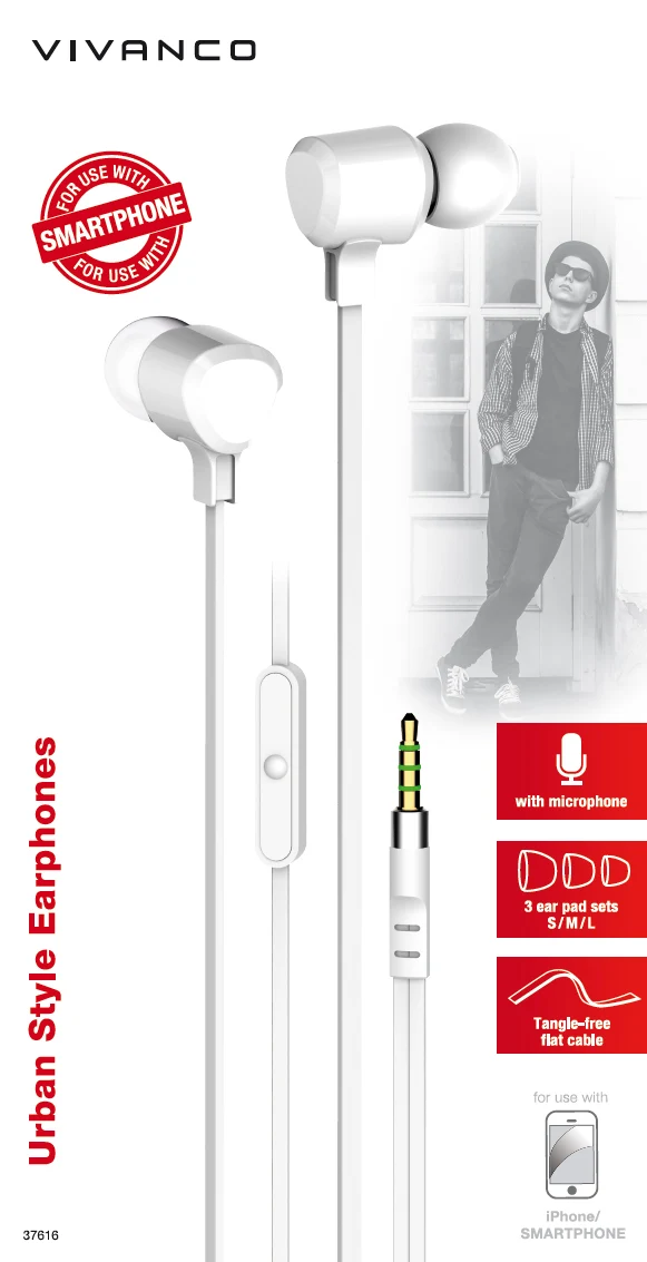 VIVANCO Ultimative Hochwertige In-Ear Headset Weiß, Urban Style mit Komfort & Kontrolle, 3,5 mm Klinke, Mikrofon, Flachbandkabel