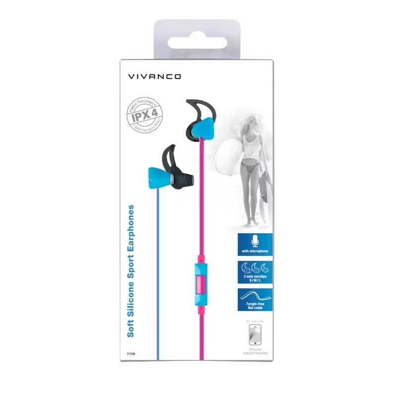 Trendige VIVANCO In-Ear Sportkopfhörer, Rosa, mit Mikrofon, IPX4 Spritzwasserschutz, Silikongehäuse, 3,5 mm Klinke, 1,2 m Flachkabel