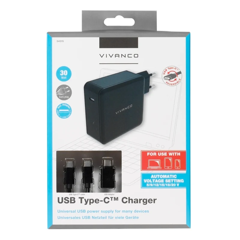 VIVANCO Universal USB Type-C Ladegerät 30W, kompatibel mit MacBooks, Notebooks, Tablets und Smartphones, 1,5m