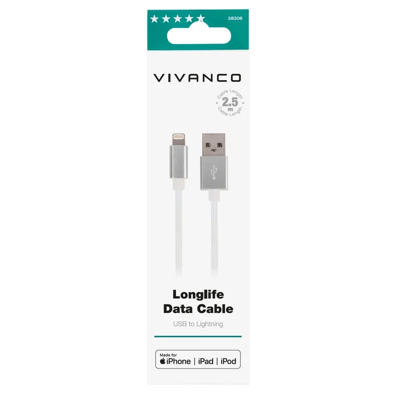 VIVANCO Premium Aufladekabel kompatibel mit Apple Geräte, USB A auf Lightning, reißfester Nylonummantelung, 2,5m