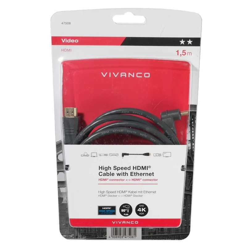 VIVANCO Hochwertiges HDMI Kabel mit Winkeladapter, 4K Unterstützung, 3D, Audio Rückkanal, vergoldete Kontakte, 1,5m