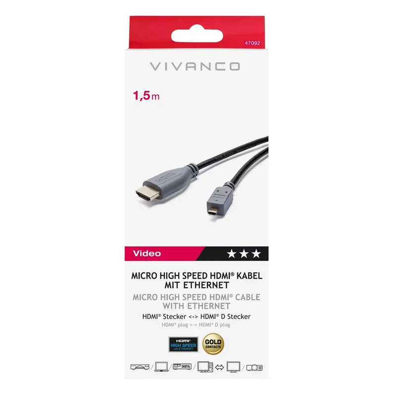 VIVANCO Hochwertige Micro HDMI Kabel, mit Ethernet, unterstützt 3D, 4K, Audio Rückkanal, FULL HDTV kompatibel, 1,5m