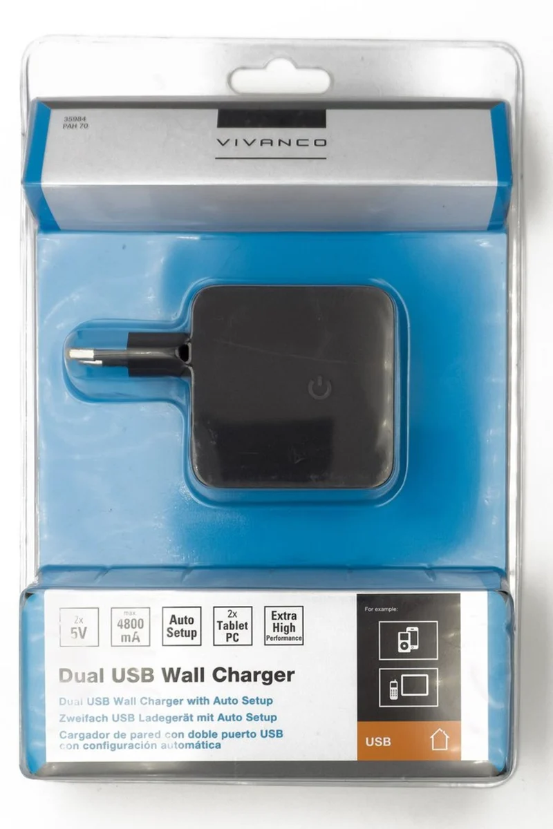 VIVANCO Hochwertige Dual USB-Power Adapterstecker, 100–240V~, 2x USB, Kontroll-LED, 2.4A Schnellladung, Modell PAH 70