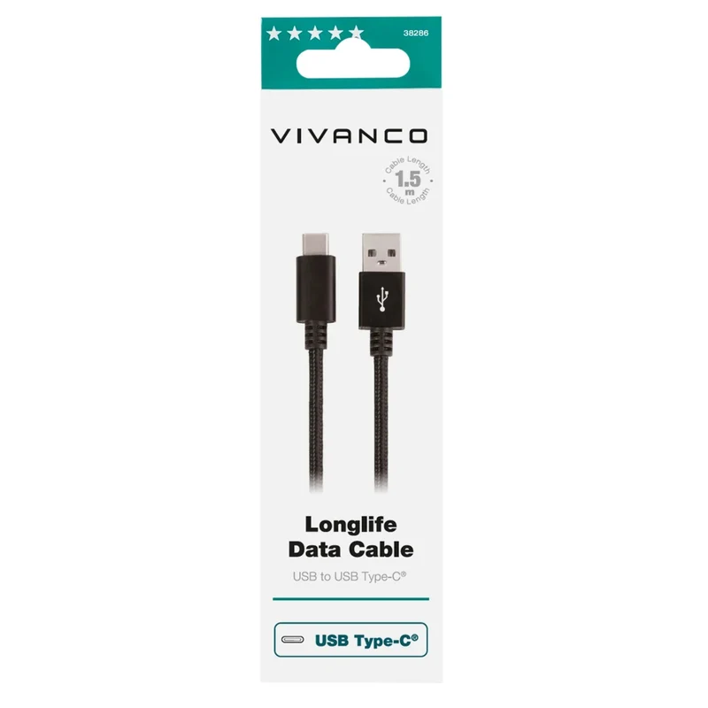 VIVANCO Hochwertige USB Type-C Ladekabel, Quick Charge kompatibel, MFI zertifiziert, Nylonummantelung, 1,5m, Schwarz