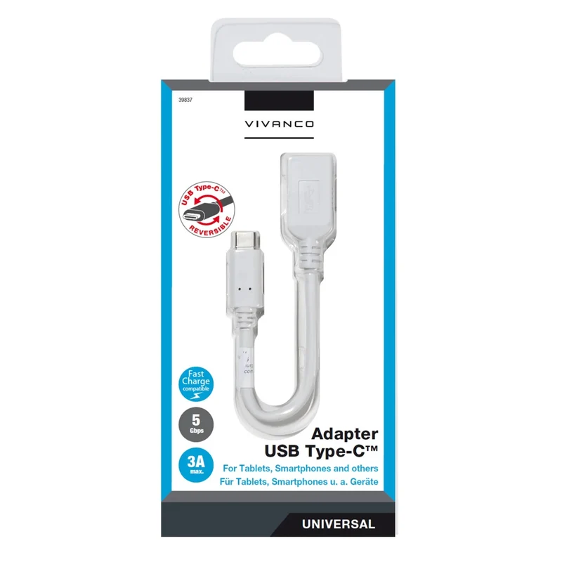 VIVANCO Premium USB-C Adapter, USB Type C™ Stecker zu USB 3.1 A Buchse, Super Speed 5Gbps, USB 3.1 A Buchse zur schnelle Datenübertragung, 0,1m