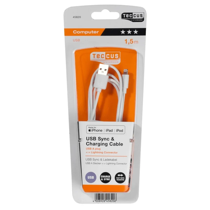VIVANCO Hochwertiges Aufladekabel kompatibel mit Apple Geräte, USB A auf Lightning Stecker, 1,5m, Schnellladung