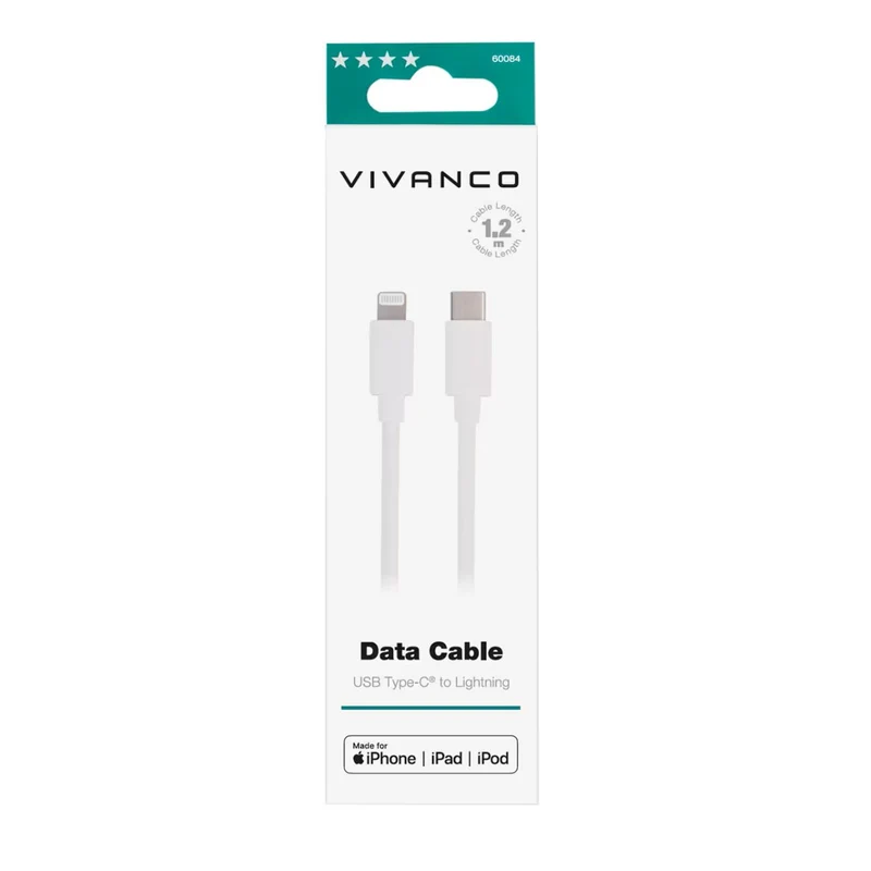 VIVANCO Hochwertige Aufladekabel kompatibel mit Apple Geräte, Lightning auf USB Type-C Kabel, Datensynchronisation, 1,2m