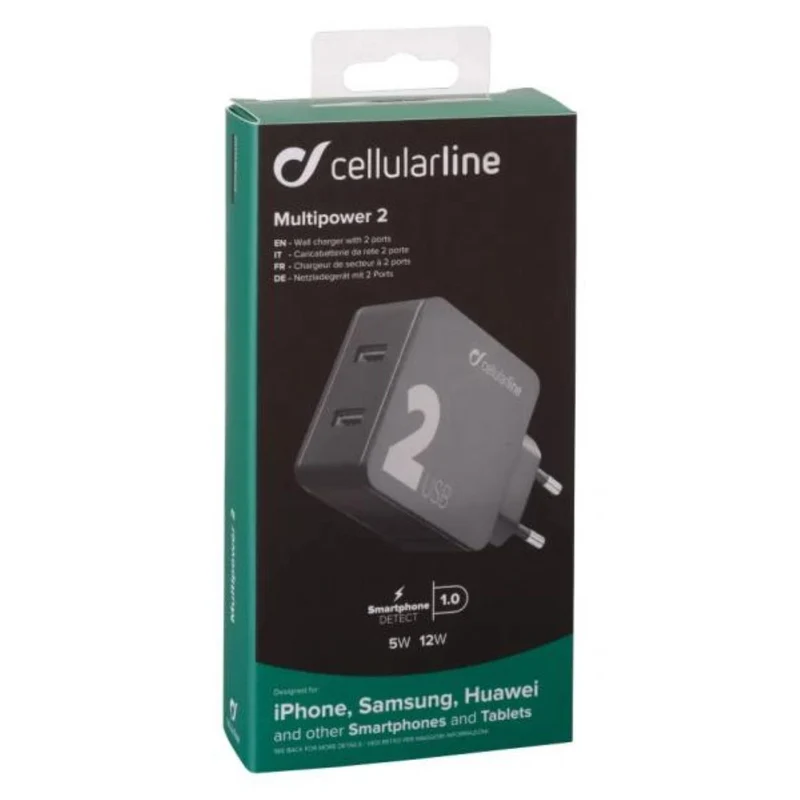 Cellularline Multipower 2 Dual USB Ladegerät 24W, Schnellladung für Smartphone und Tablet, 110-240V