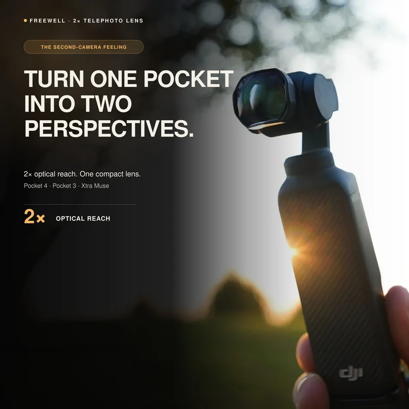 Freewell 2X Telephoto Lens for DJI Osmo Pocket 4 / Pocket 3 / Xtra Muse