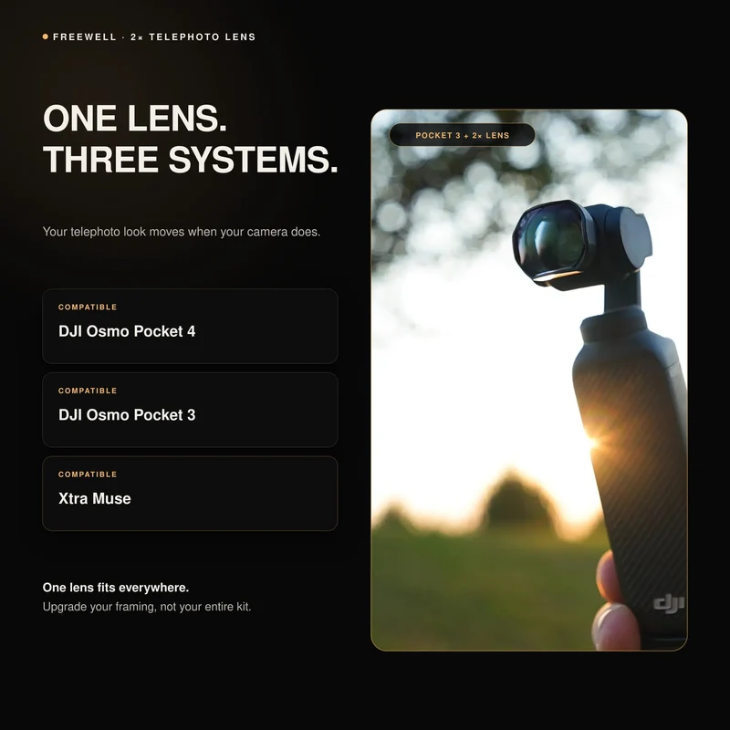 Freewell 2X Telephoto Lens for DJI Osmo Pocket 4 / Pocket 3 / Xtra Muse