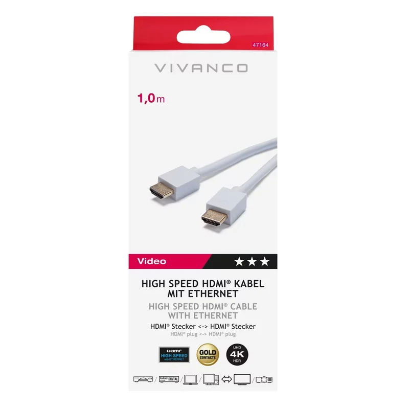 VIVANCO Hochwertiges HDMI Kabel mit Ethernet High Speed 18 Gbps 3D 4K Audio Rückkanal Weiß 1m