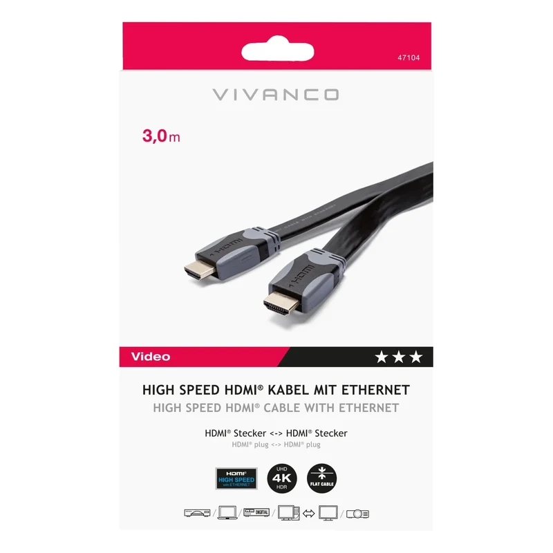 VIVANCO Hochwertiges HDMI Kabel, 3m, mit Ethernet, 4K, 3D, ARC, vergoldet, kompatibel mit UHD Geräten, abwärts zu DVI