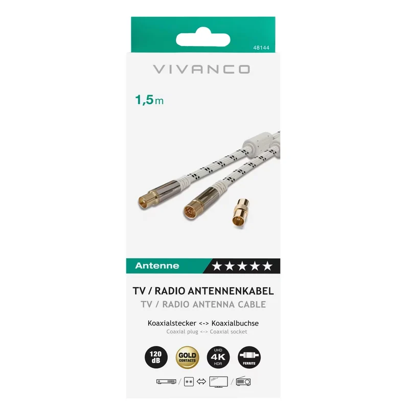 VIVANCO Hochwertiges Antennenkabel, kompatibel mit 4K, UHD, HDR TV, 120 dB, 4-fach Schirmung, Nylonummantelung, vergoldete Kontakte, 1,5 m