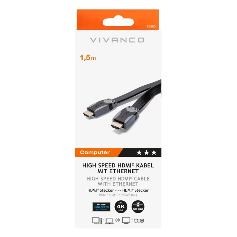 VIVANCO Hochwertiges HDMI Flachband Kabel, 1,5m, mit Ethernet, ARC, 4K Unterstützung, 3D, 10,2 Gbps, für Full HDTV